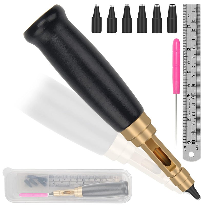 Boyistar Japanese Screw Punch, Wood Handle Belt Hole Puncher, Adjustable Leather Hole Punch Tool for Belts, Watch Band, Handbags with 6 Tip Sizes 4/3.5/3/2.5/2/1.5mm Screws - Image 1